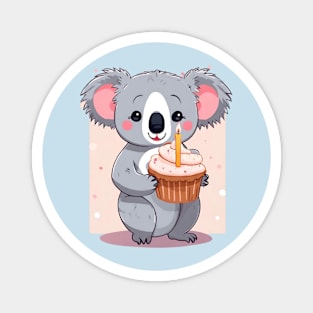 Cute Koala girl holding a birthday muffin with a candle,.Vector flat illustration Magnet